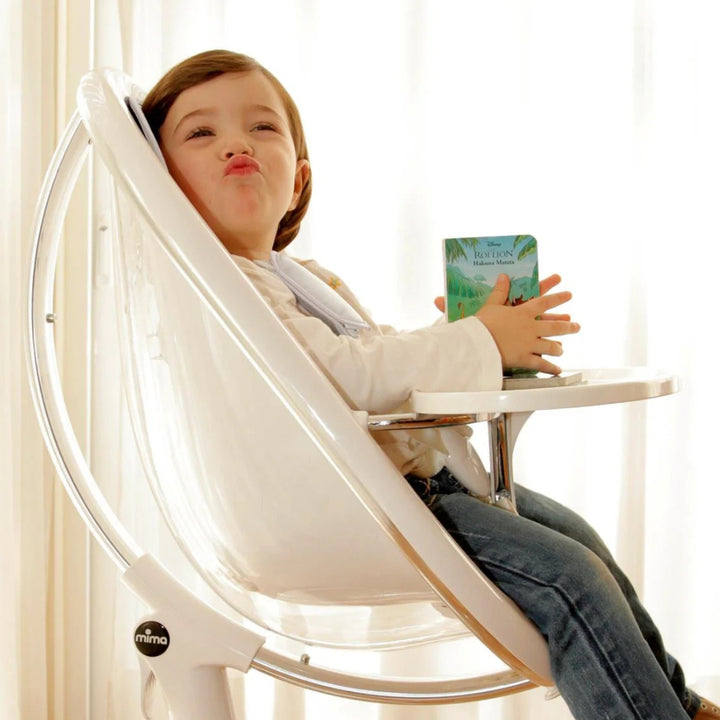 MIMA MOON WHITE HIGH CHAIR WITH CAMEL SEAT PAD.