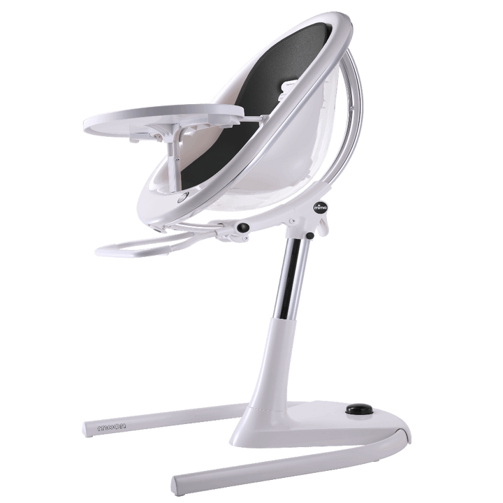 MIMA MOON WHITE HIGH CHAIR WITH BLACK SEAT PAD.