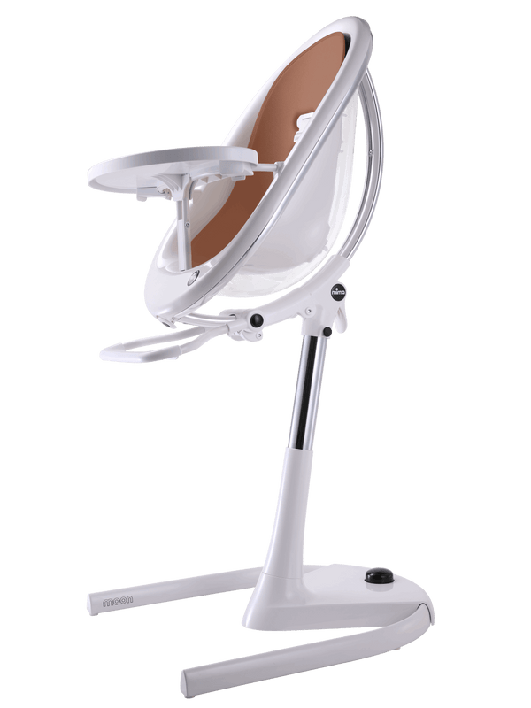 MIMA MOON WHITE HIGH CHAIR WITH CAMEL SEAT PAD.