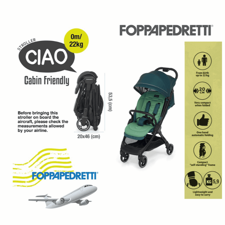 Foppapedretti Ciao Stroller – Stylish, Lightweight, and Compact Baby Stroller, Green.