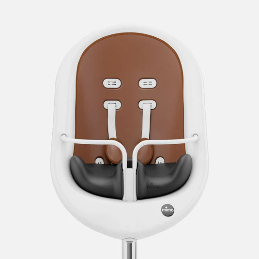 MIMA MOON WHITE HIGH CHAIR WITH CAMEL SEAT PAD.